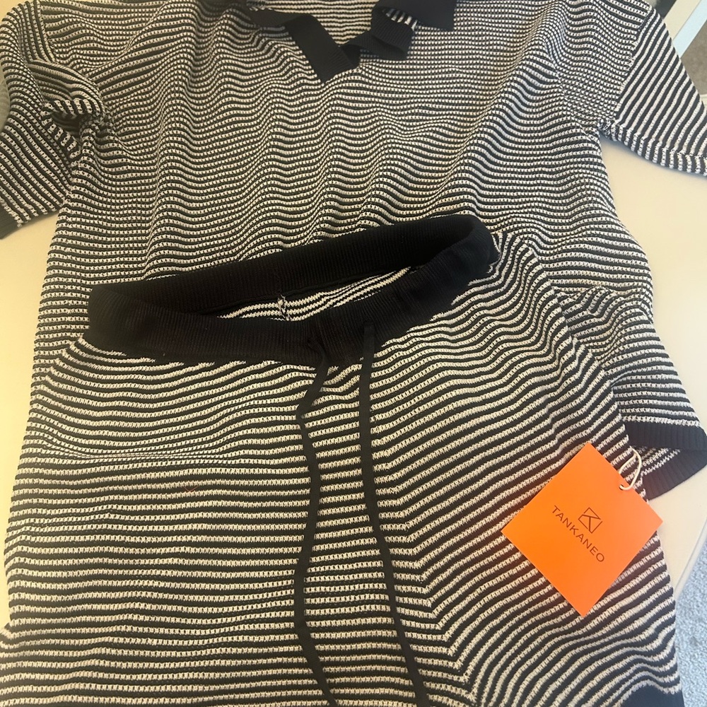 Tanya Taylor Navy and White Striped Tunic and matching shorts, size small.